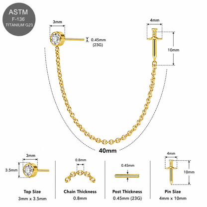 G23 Titanium Two Hole Round Dagger Piercing Chain Threadless Pin Top – 18G & 16G Compatible