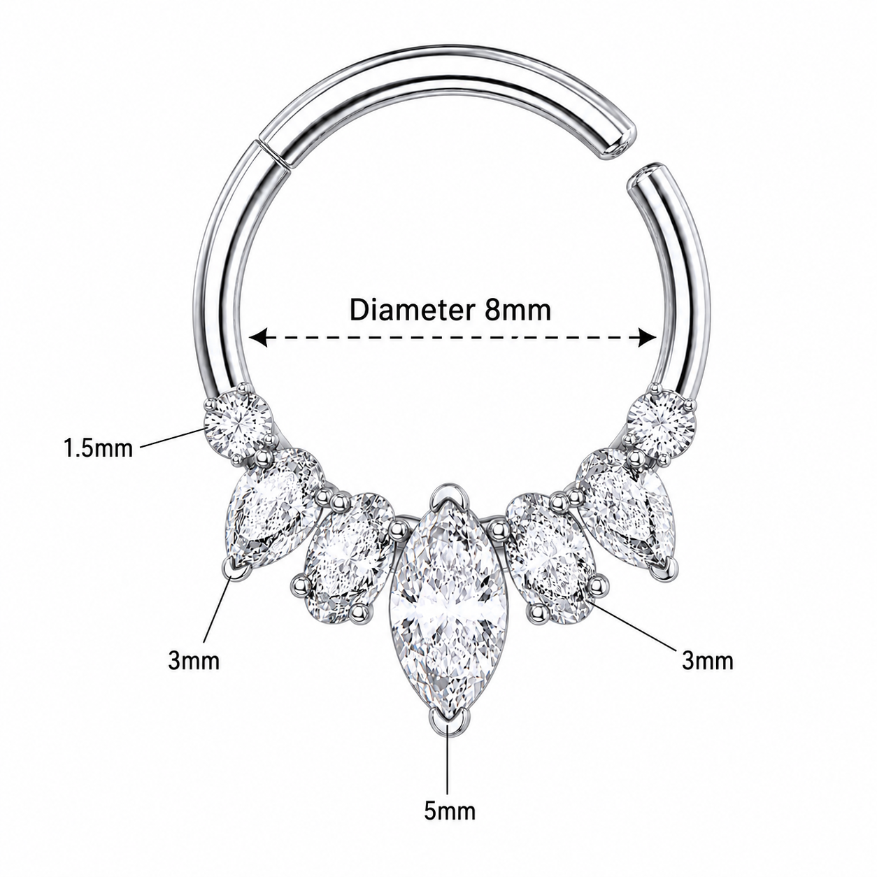 316L Surgical Steel Mixed Stone Hinged Segment Clicker Ring – 16G (1.2mm) 8mm