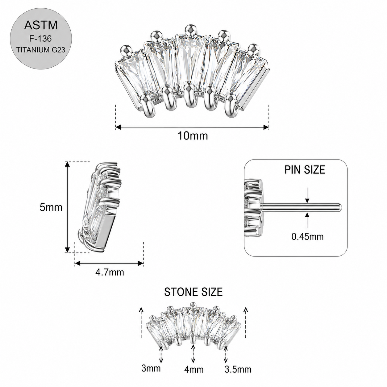 G23 Titanium Crown CZ Threadless Pin Top – 18G & 16G Compatible