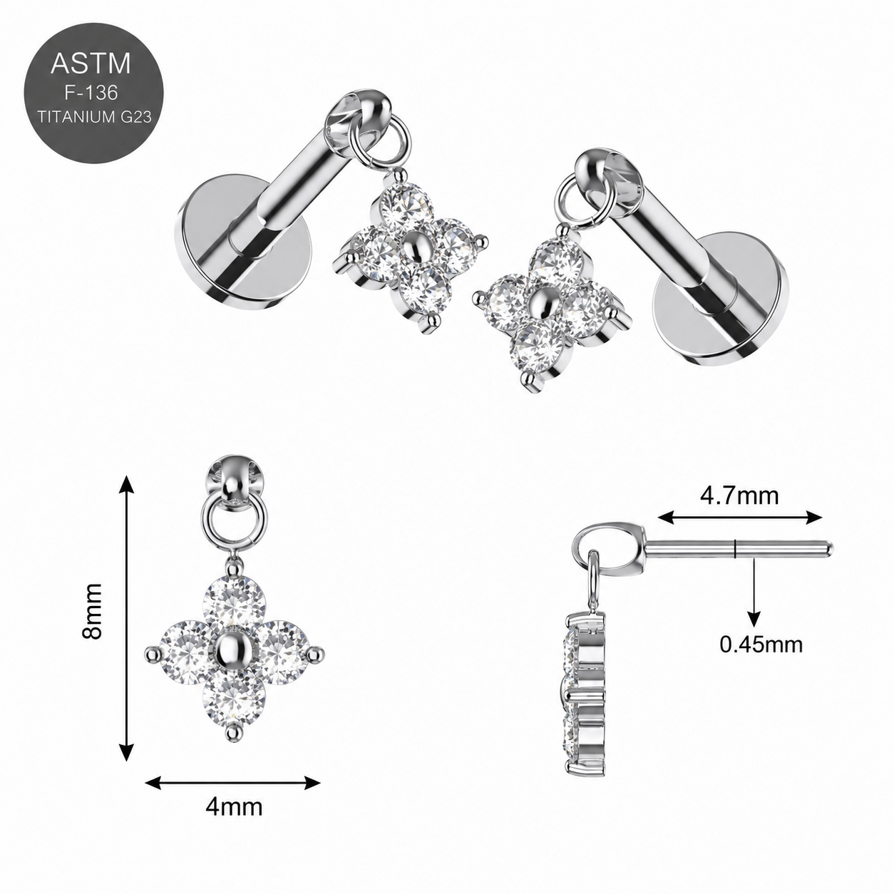 Titanium Bugadi Flower Dangle Threadless Top – 18G & 16G Compatible