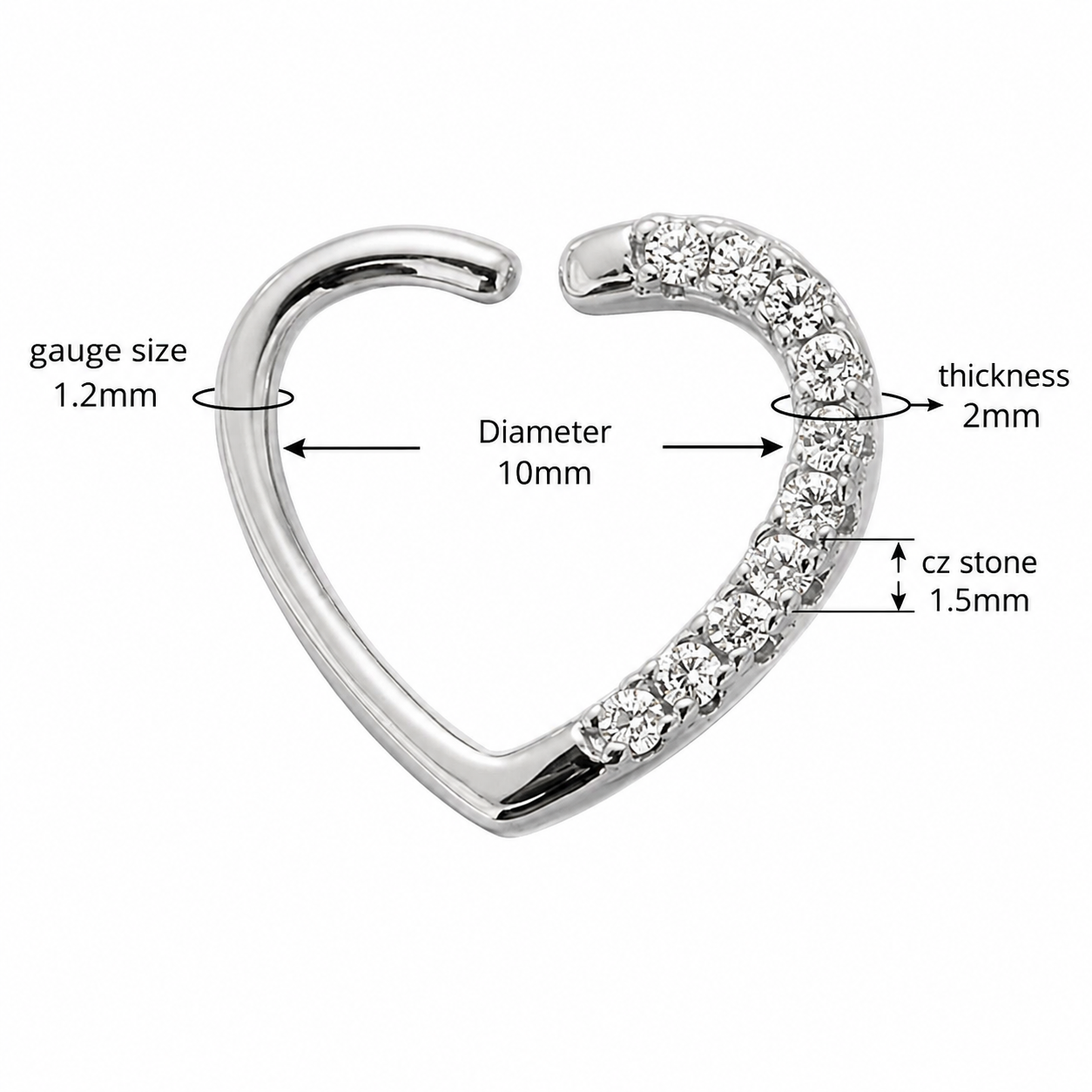 316L Surgical Steel Jeweled Heart Single Closure Ring – 16G (1.2mm) 10mm