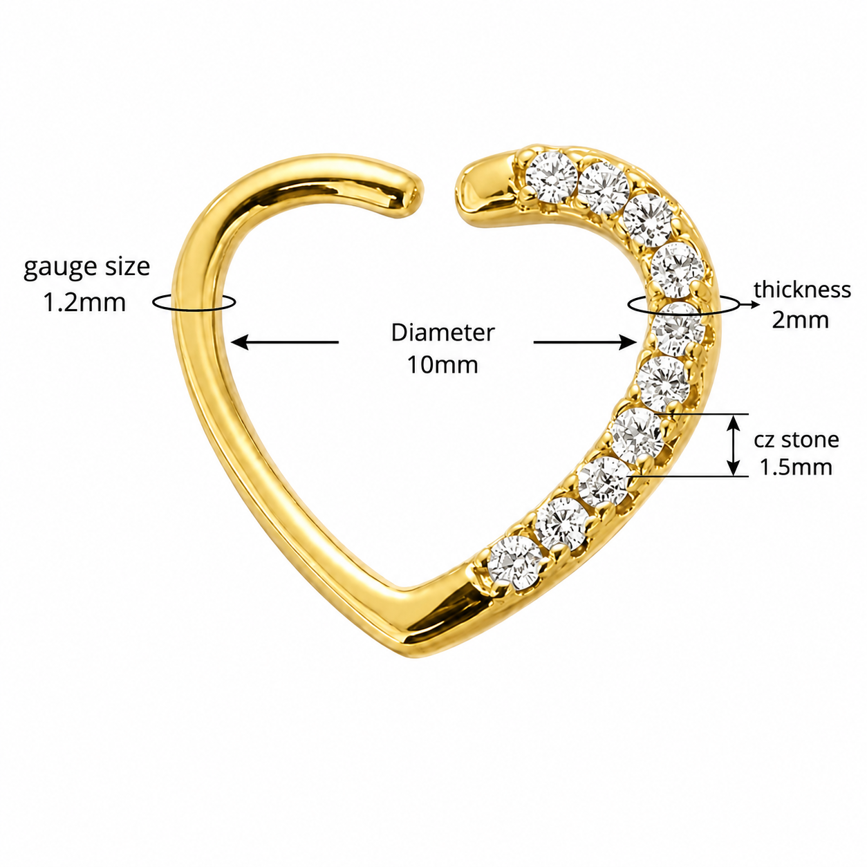 316L Surgical Steel Jeweled Heart Single Closure Ring – 16G (1.2mm) 10mm