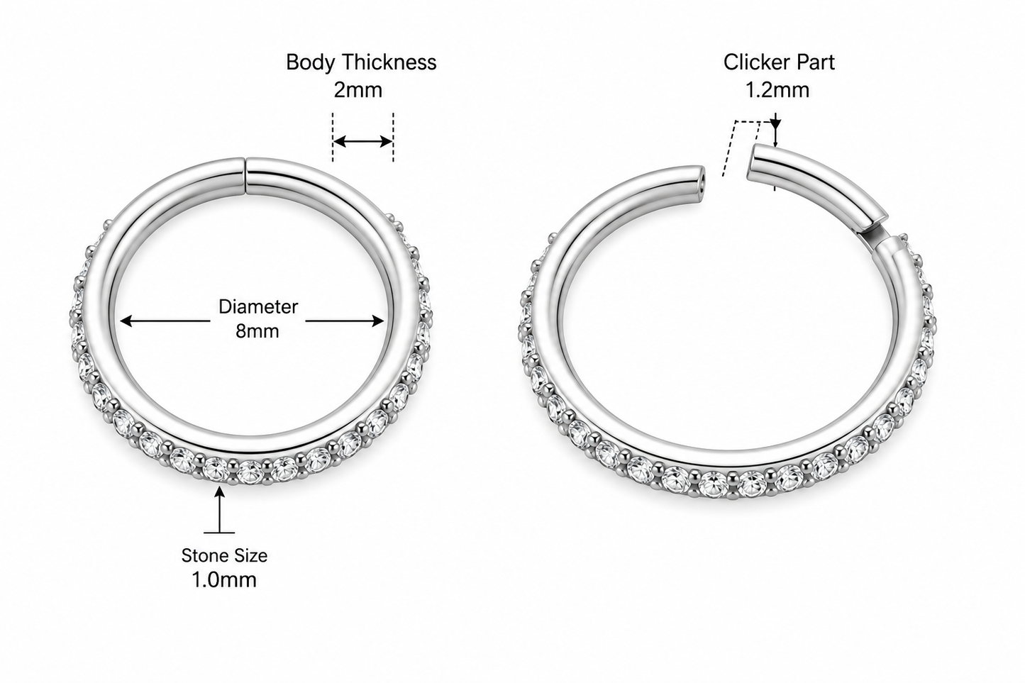 Micro Setting CZ Stones Hinged Segment Clicker Ring – 16G (1.2mm) 8mm