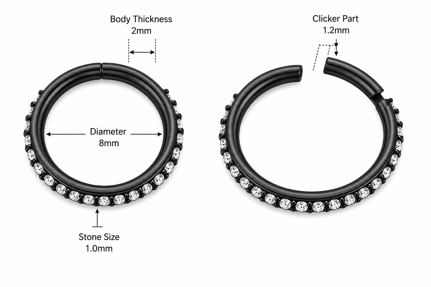 Micro Setting CZ Stones Hinged Segment Clicker Ring – 16G (1.2mm) 8mm
