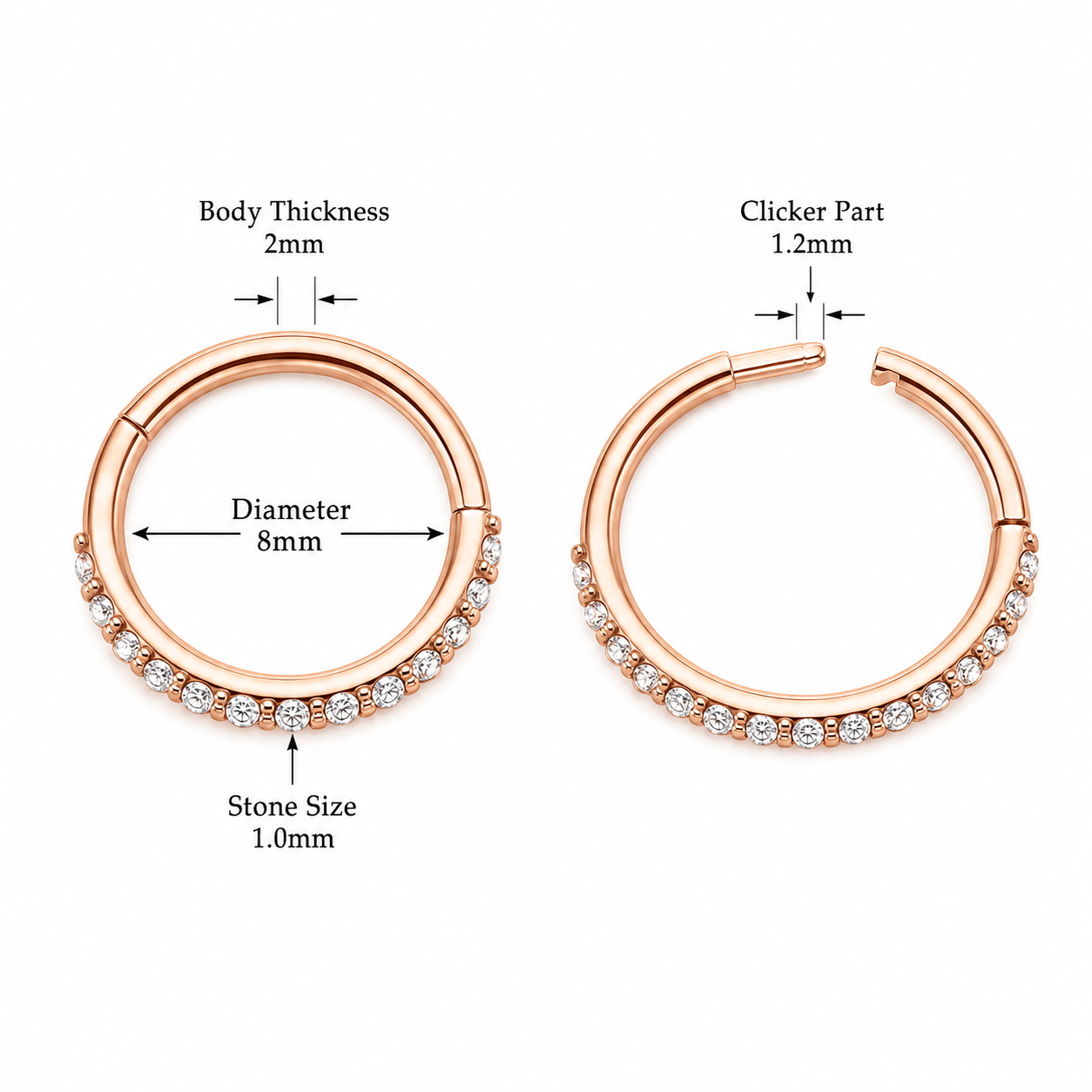 Micro Setting CZ Stones Hinged Segment Clicker Ring – 16G (1.2mm) 8mm