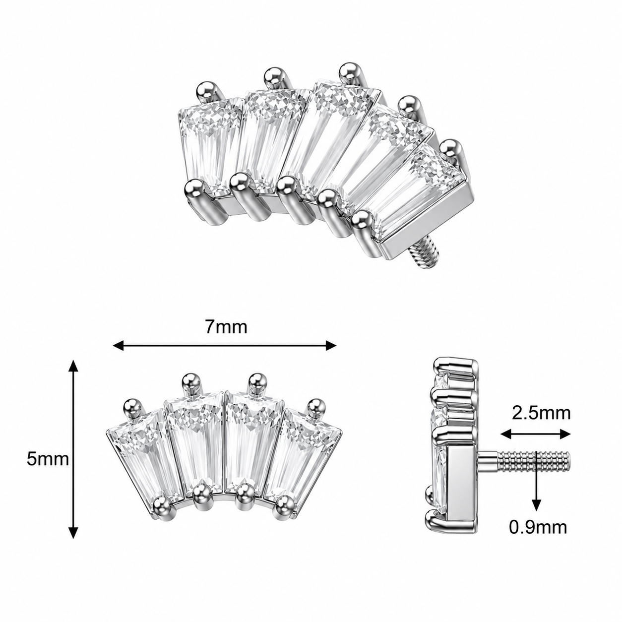 316L Surgical Steel 5-Crystal Baguette Fan Internally Threaded Top – 16G (1.2mm)