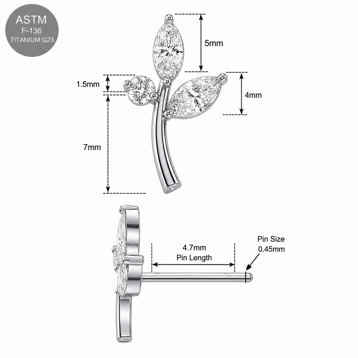 G23 Titanium CZ Leaf Threadless Pin Top – 18G & 16G Compatible