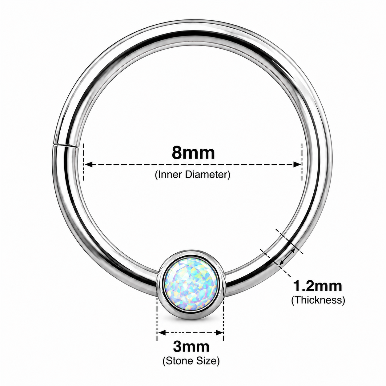 Bezel-Set Opal Hinged Segment Clicker Ring – 16G (1.2mm) 8mm