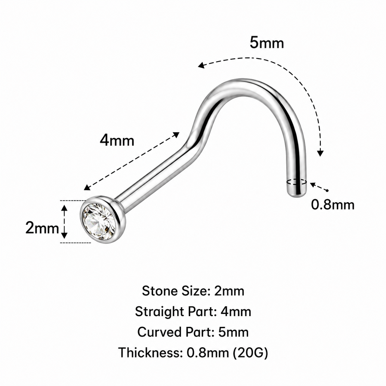 316L Surgical Steel Jeweled Bent Nose Screw – 20G (0.8mm)