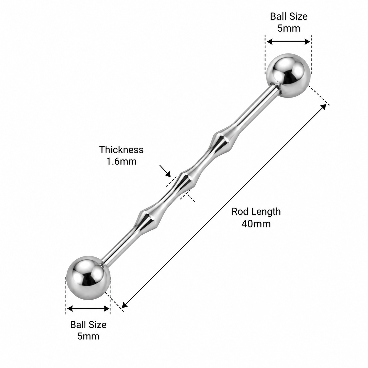 316L Surgical Steel Tri Bumper Centre Industrial Barbell – 14G (1.6mm) 40mm