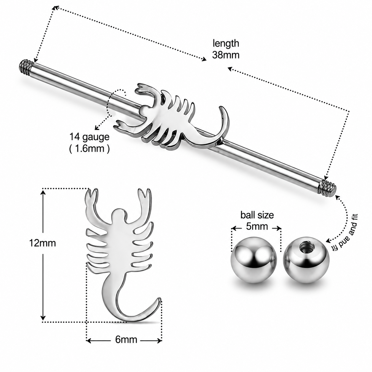 316L Surgical Steel Scorpion Industrial Barbell – 14G (1.6mm) 38mm