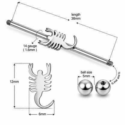 316L Surgical Steel Scorpion Industrial Barbell – 14G (1.6mm) 38mm