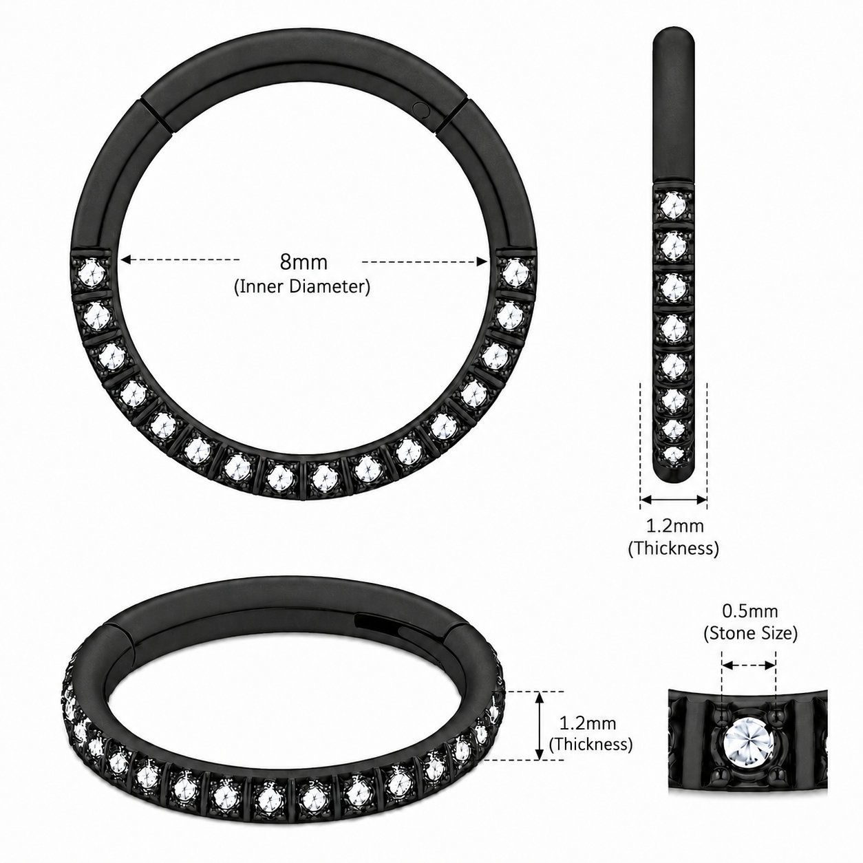 316L Surgical Steel CZ Hinged Segment Clicker Ring – 16G