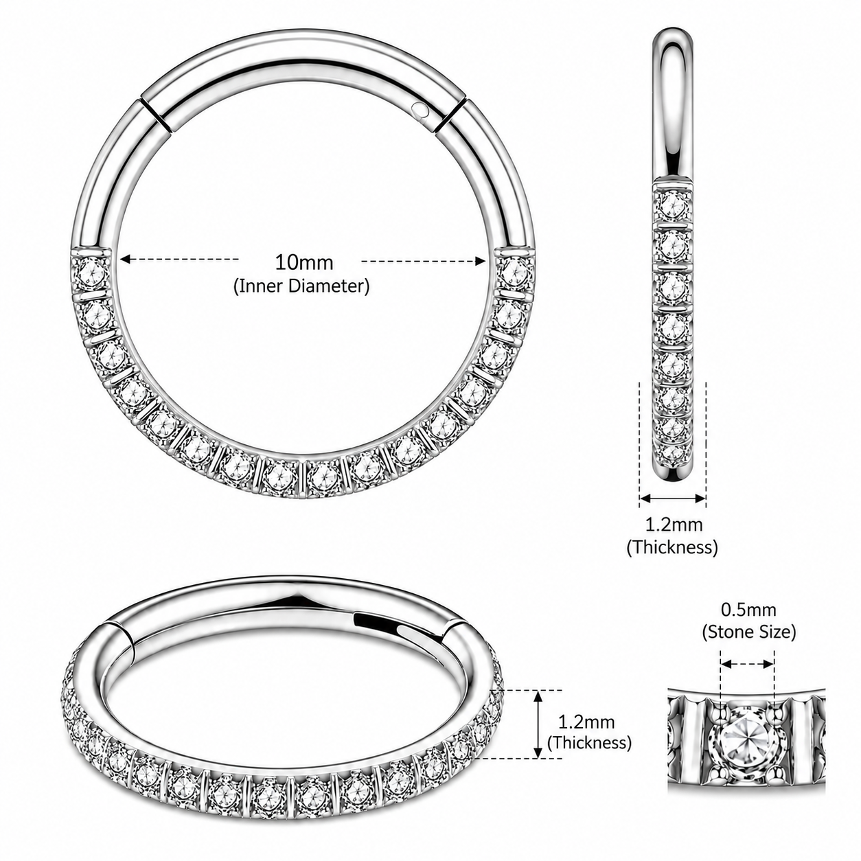 316L Surgical Steel CZ Hinged Segment Clicker Ring – 16G