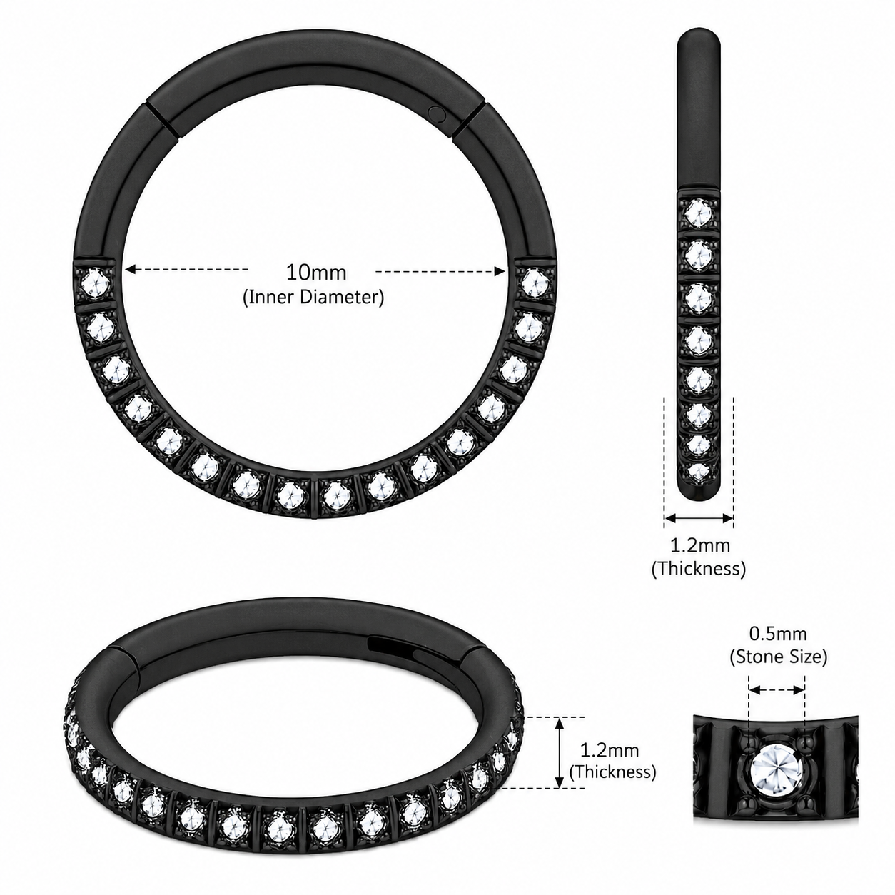 316L Surgical Steel CZ Hinged Segment Clicker Ring – 16G