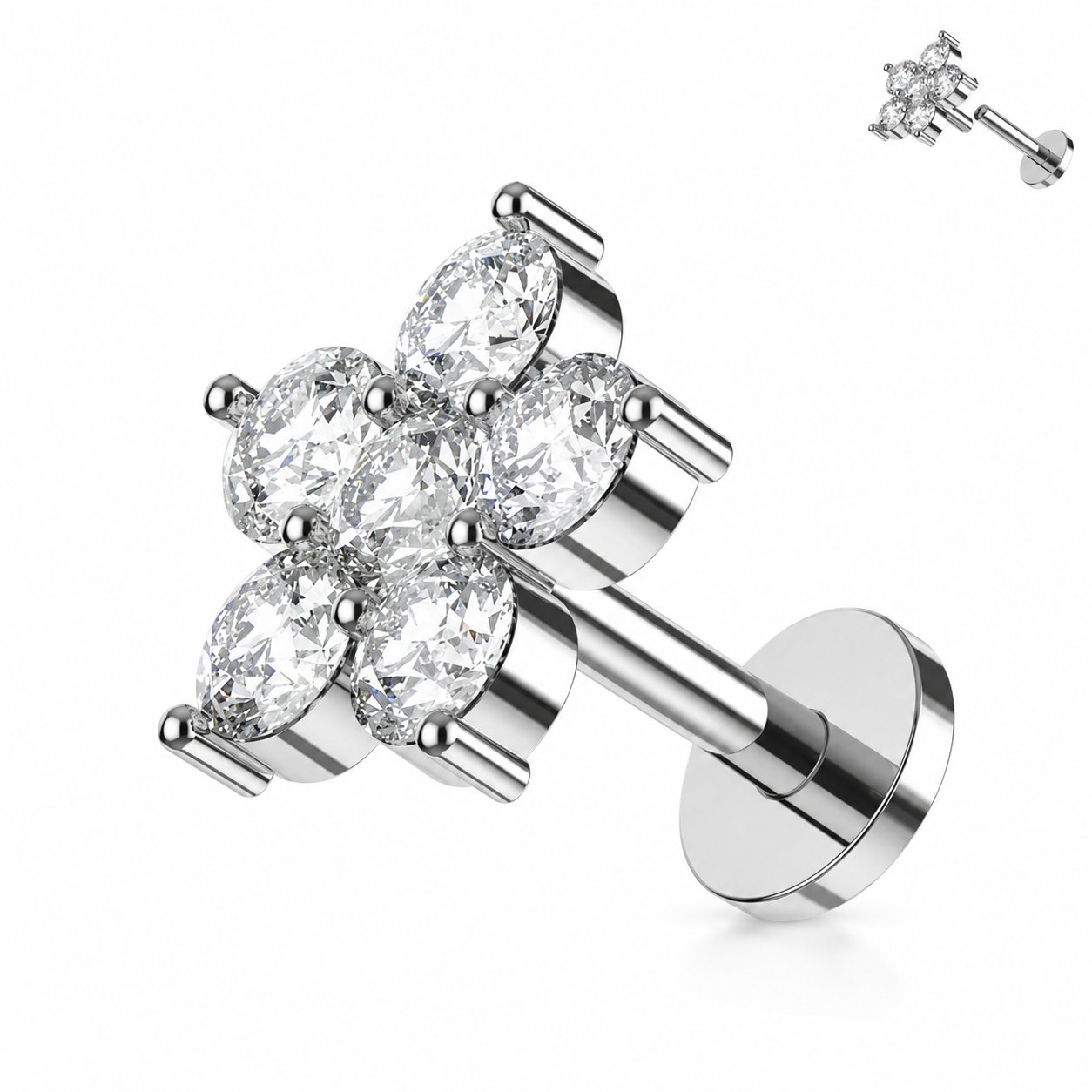 316L Surgical Steel CZ Petal Flat Back Labret Stud – 16G (1.2mm)