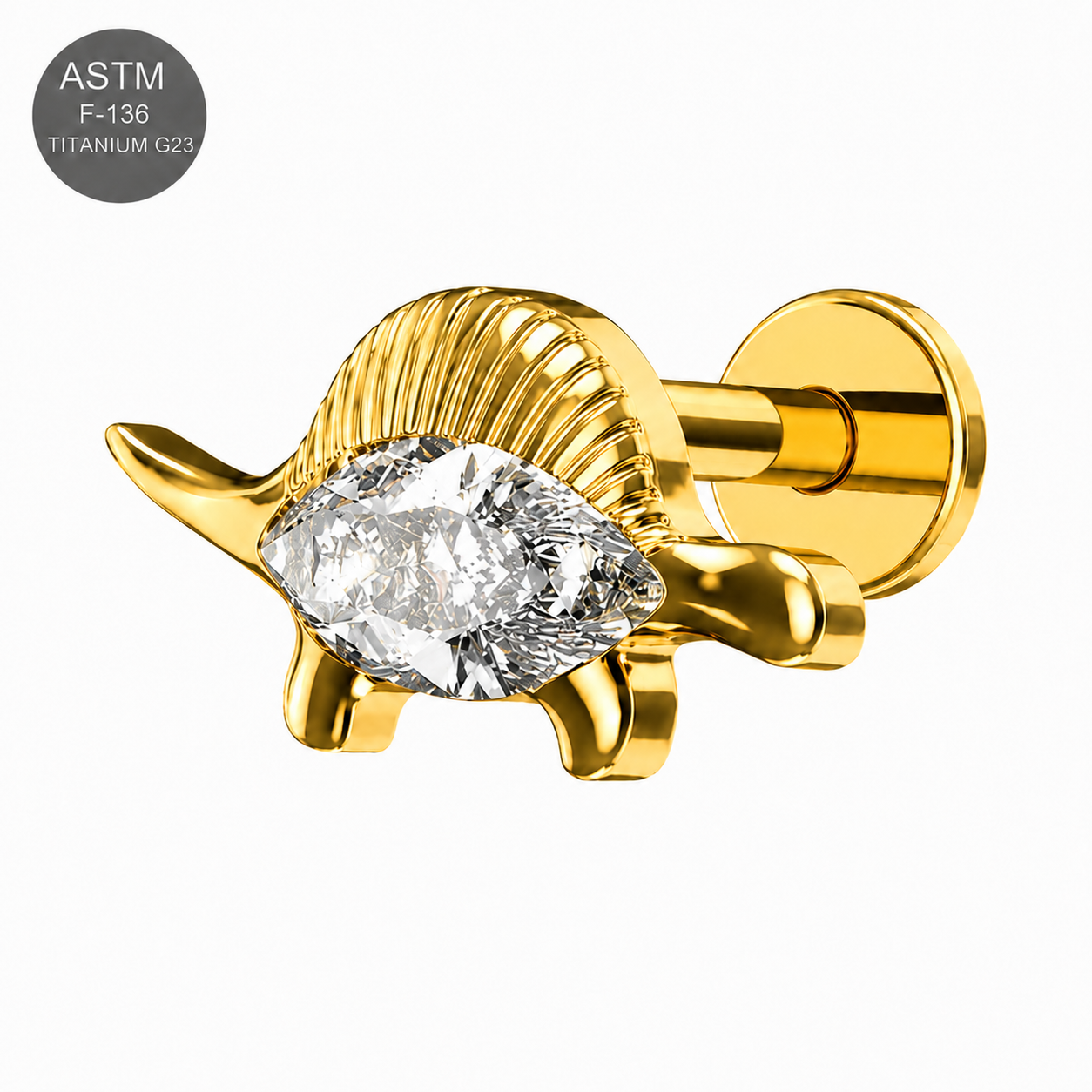 G23 Titanium CZ Stegosaurus Flat Back Labret Stud – Internally Threaded 16G (1.2mm)