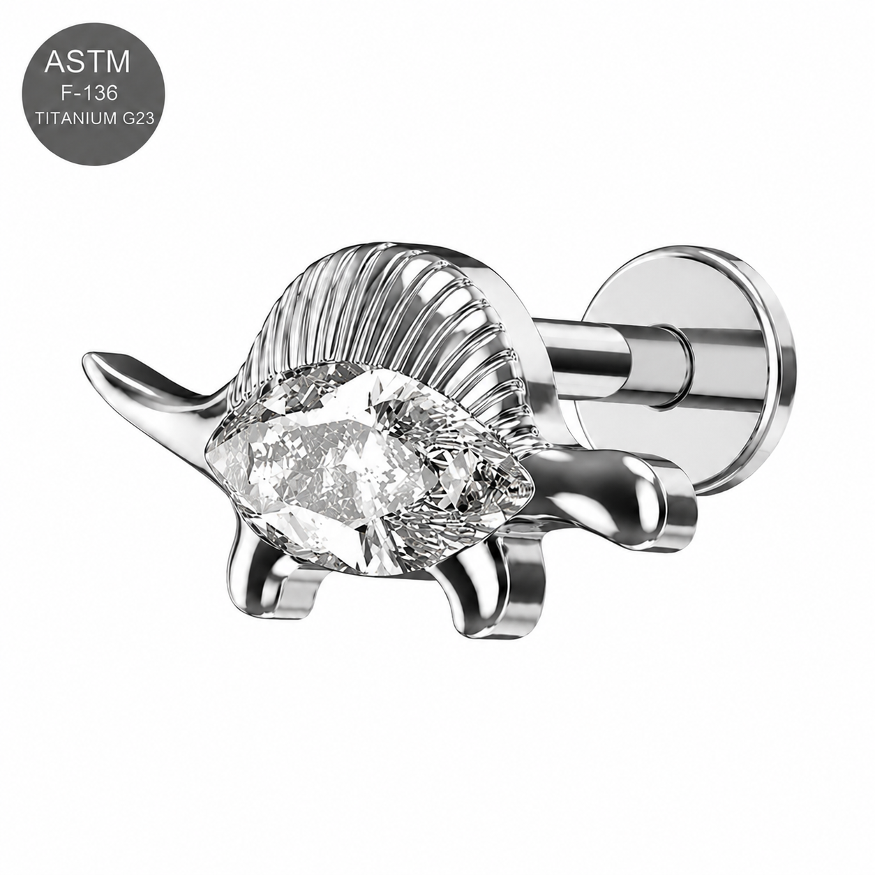 G23 Titanium CZ Stegosaurus Flat Back Labret Stud – Internally Threaded 16G (1.2mm)