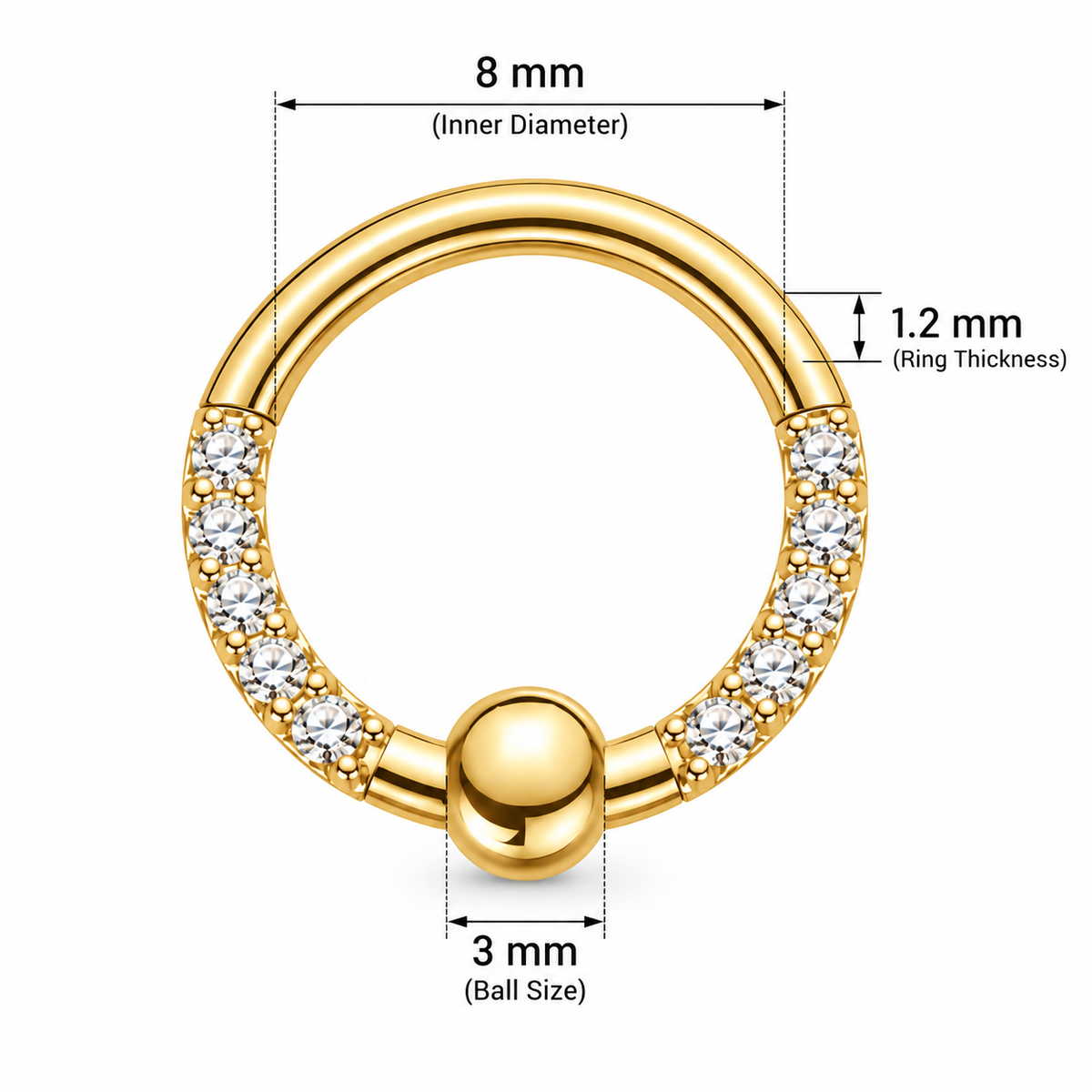 Multi CZ Jeweled BCR Style Segment Clicker Ring – 16G 8mm