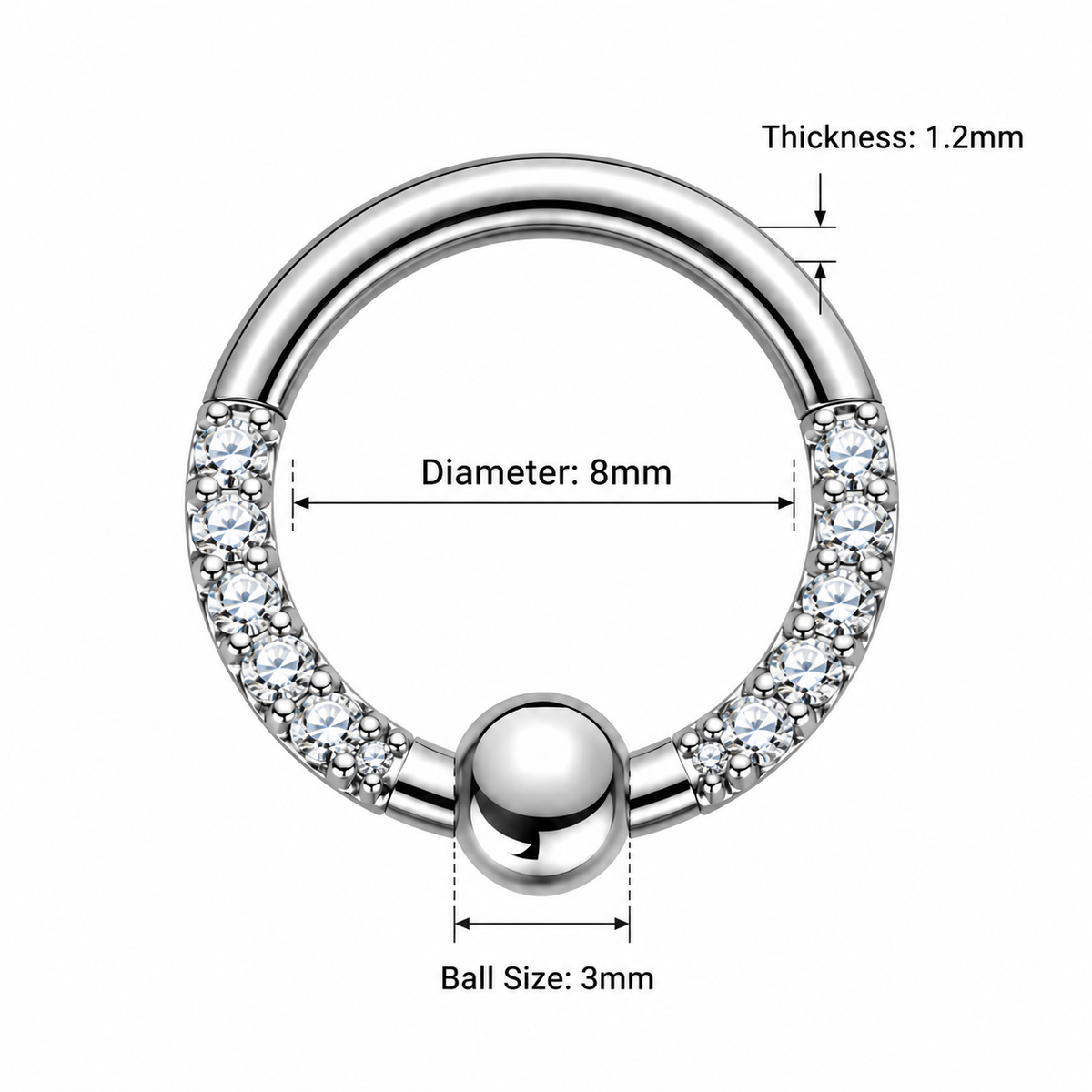 Multi CZ Jeweled BCR Style Segment Clicker Ring – 16G 8mm