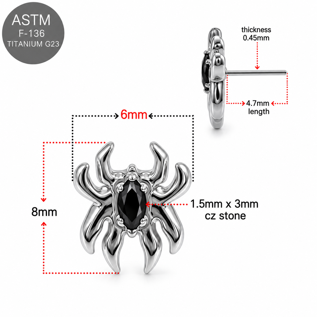 ASTM F136 Titanium Spider Black CZ Threadless Top – 18G/16G Compatible