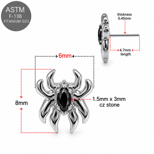 ASTM F136 Titanium Spider Black CZ Threadless Top – 18G/16G Compatible