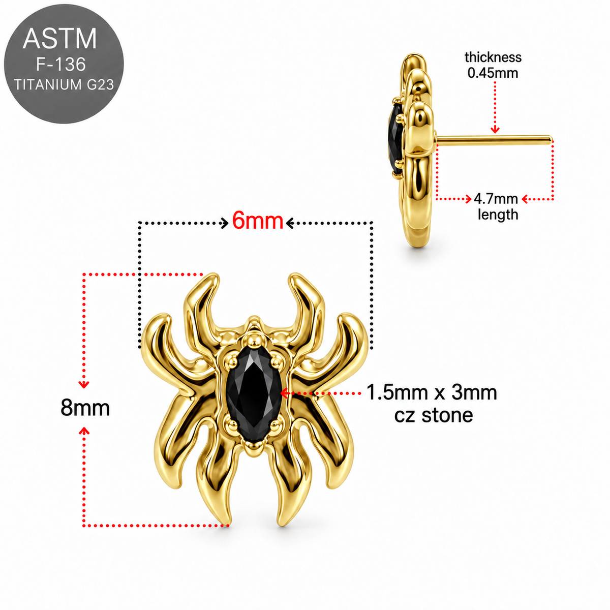 ASTM F136 Titanium Spider Black CZ Threadless Top – 18G/16G Compatible