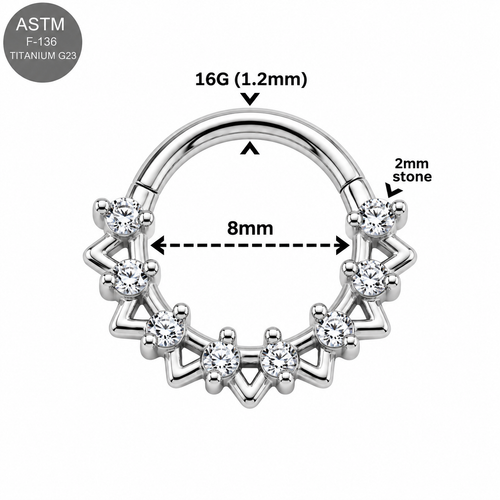 ASTM F136 Titanium Zig-Zag CZ Cluster Hinged Clicker Ring – 16G 8mm