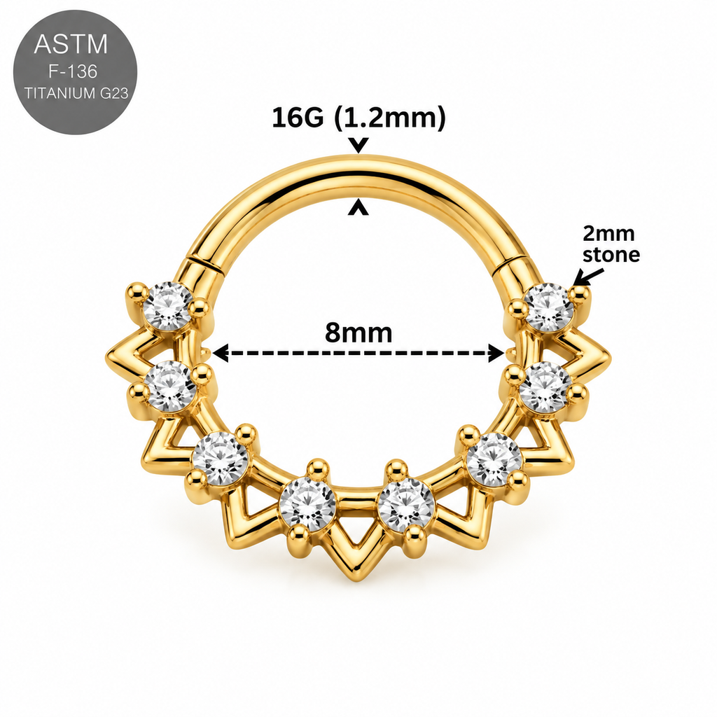ASTM F136 Titanium Zig-Zag CZ Cluster Hinged Clicker Ring – 16G 8mm