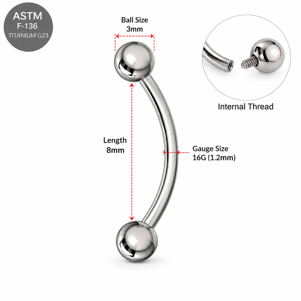 G23 Titanium Internally Threaded Eyebrow Banana Barbell – 16G 8mm
