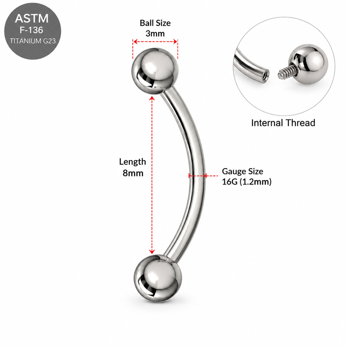 G23 Titanium Internally Threaded Eyebrow Banana Barbell – 16G 8mm