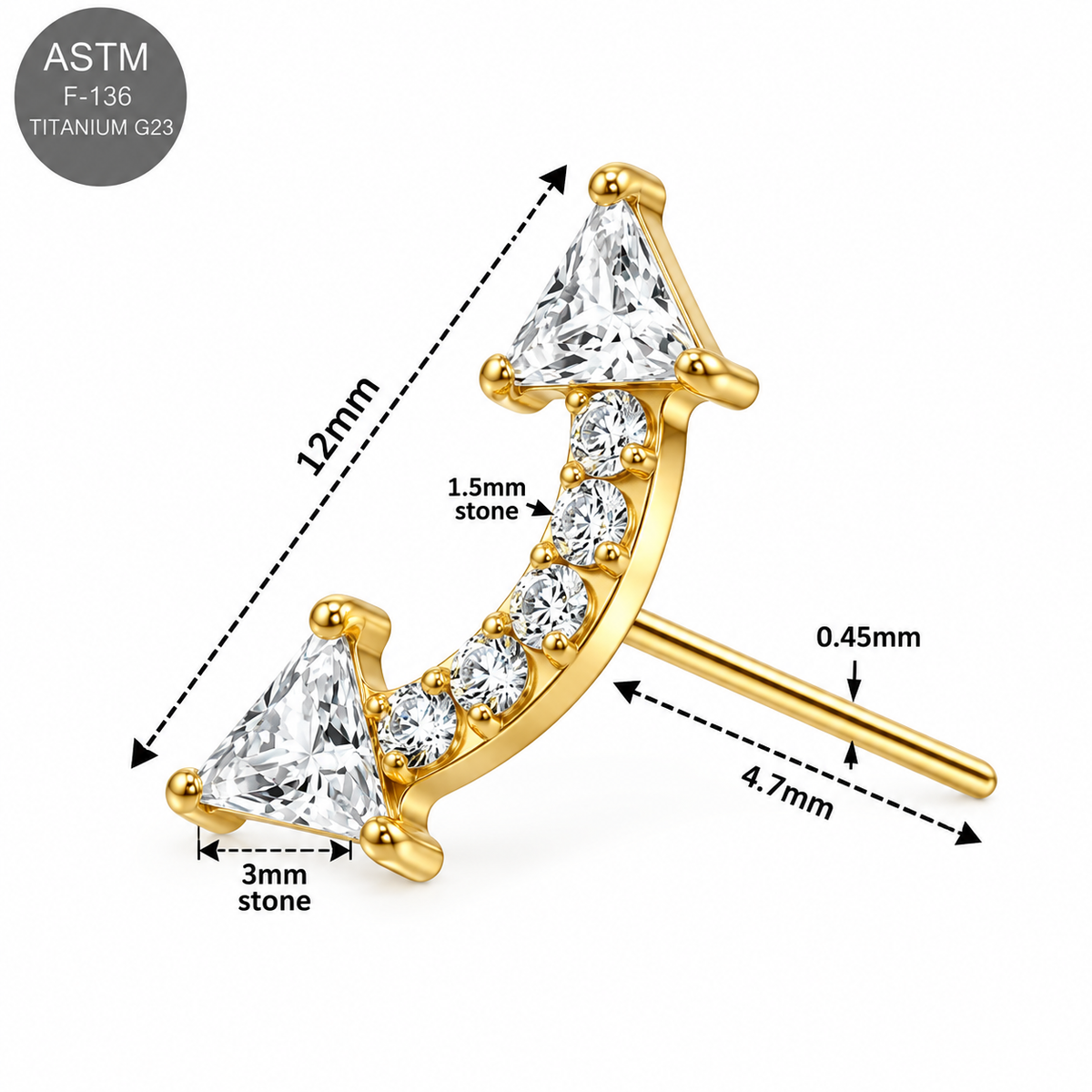 ASTM F136 Titanium Triangle & Round CZ Arc Cluster Threadless Top – 18G/16G Compatible