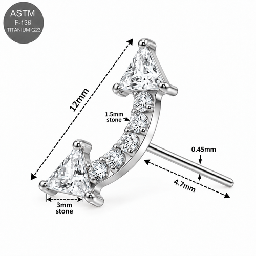 ASTM F136 Titanium Triangle & Round CZ Arc Cluster Threadless Top – 18G/16G Compatible
