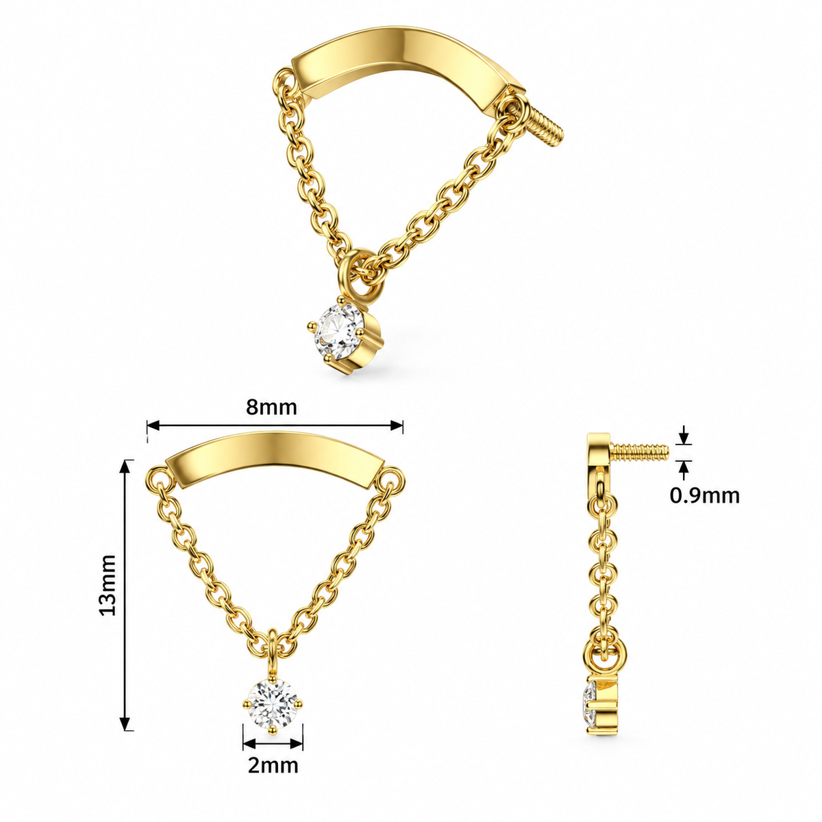 316L Surgical Steel Chain & Round CZ Dangle Internally Threaded Top
