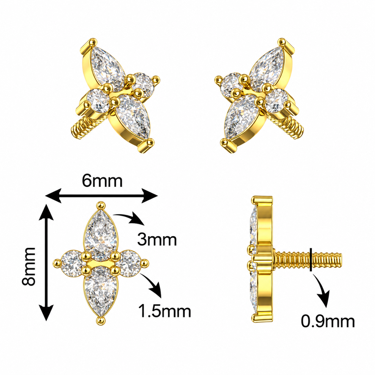 316L Surgical Steel Marquise & Round CZ Internally Threaded Top
