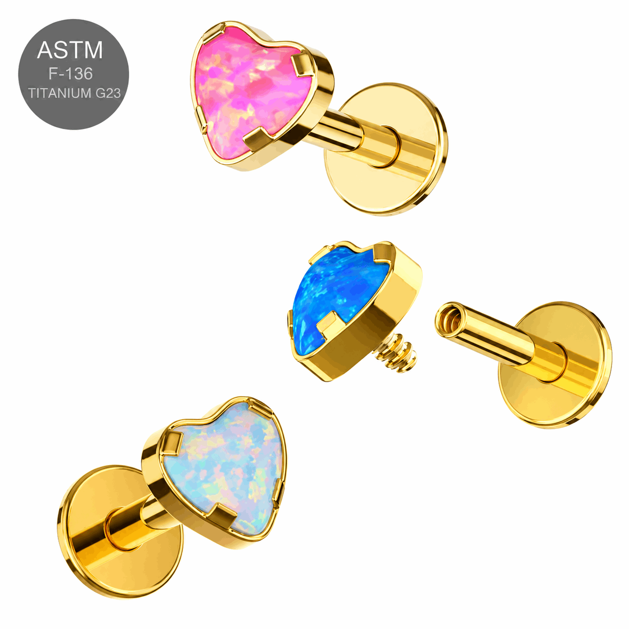 G23 Titanium Heart Opal Internally Threaded Flat Back Labret – 16G