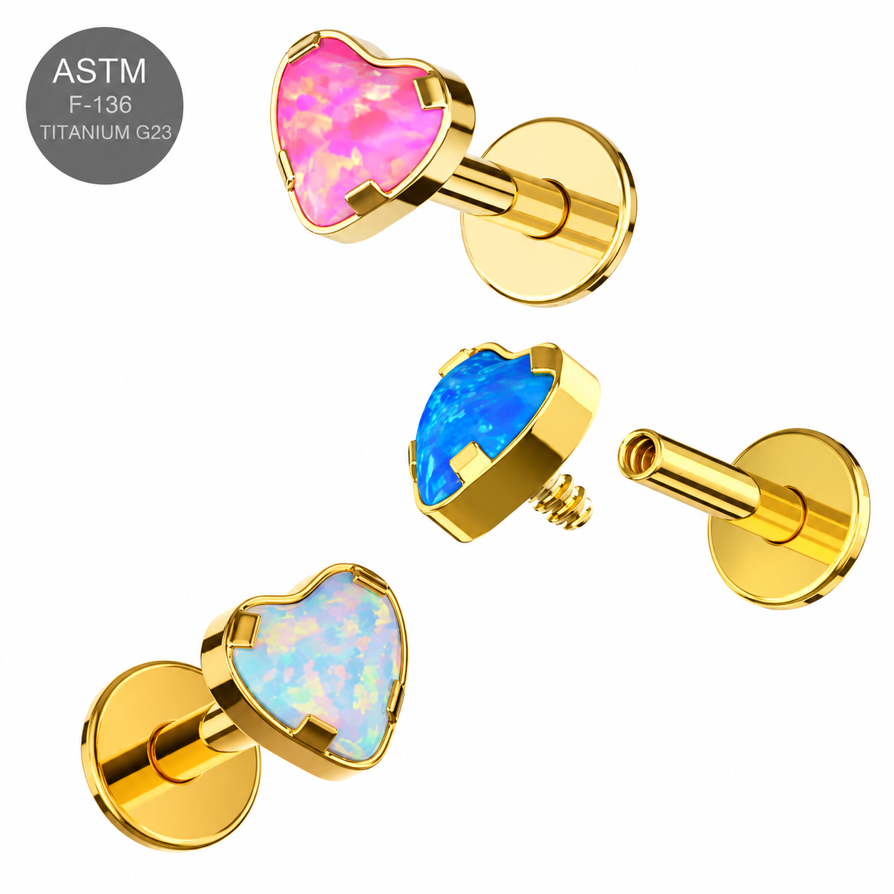 G23 Titanium Heart Opal Internally Threaded Flat Back Labret – 16G