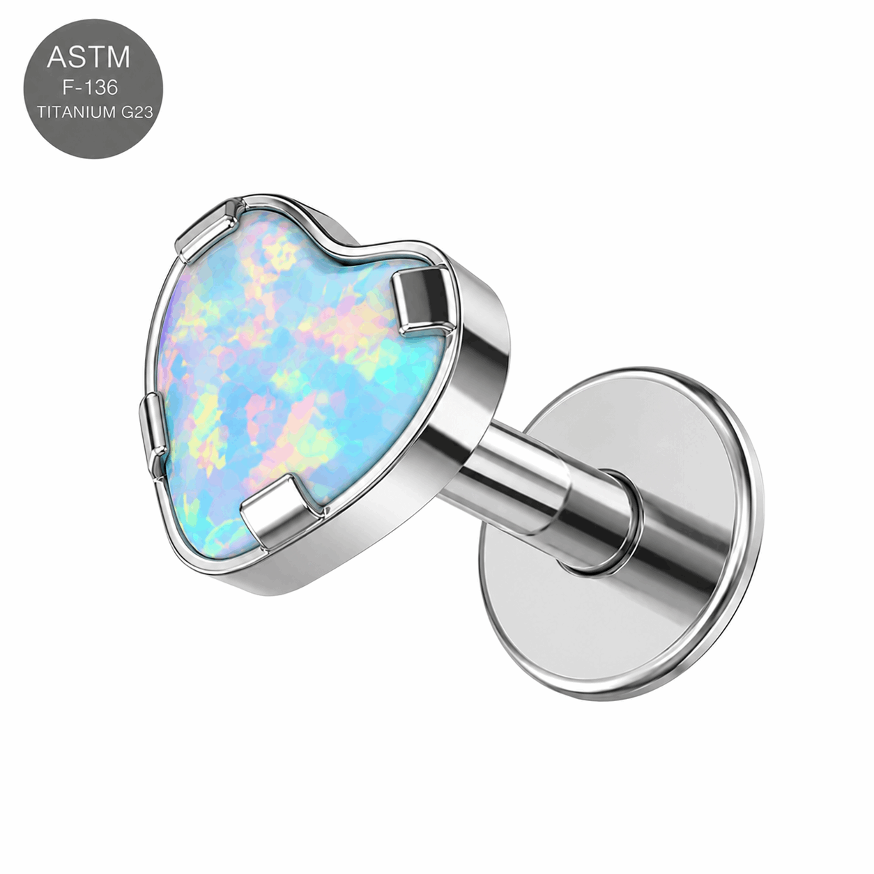G23 Titanium Heart Opal Internally Threaded Flat Back Labret – 16G