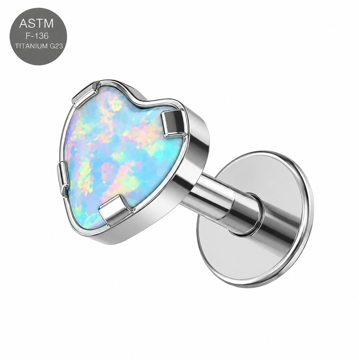 G23 Titanium Heart Opal Internally Threaded Flat Back Labret – 16G