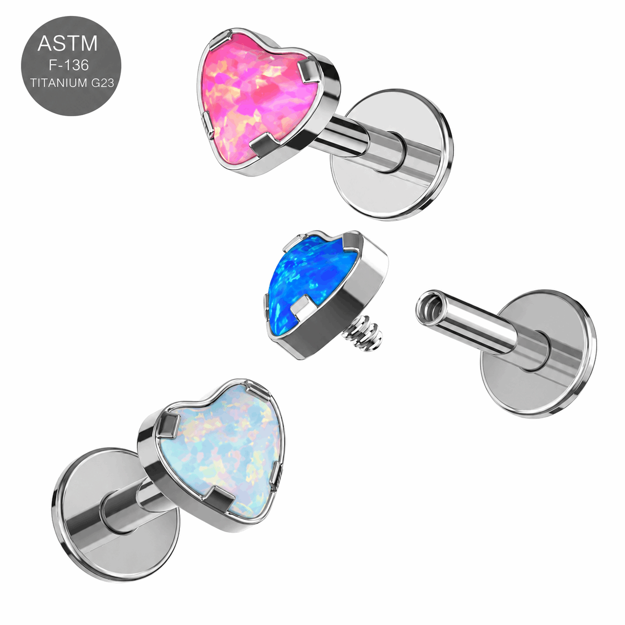 G23 Titanium Heart Opal Internally Threaded Flat Back Labret – 16G