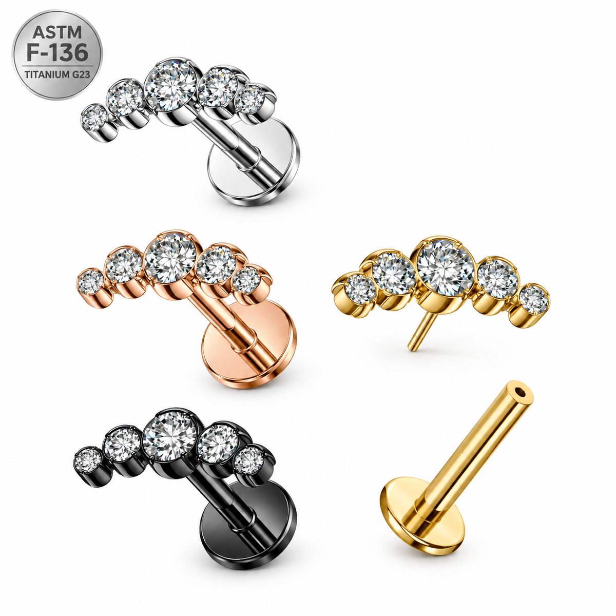 G23 Titanium CZ Five-Stone Curved Threadless Top with Flat Back Labret – 18G/16G Compatible
