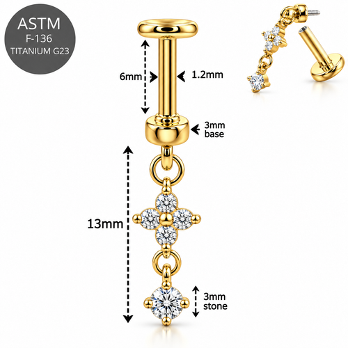 316L Surgical Steel Four-Petal Flower Dangle Internal Thread Flat Back Labret – 16G(1.2mm)