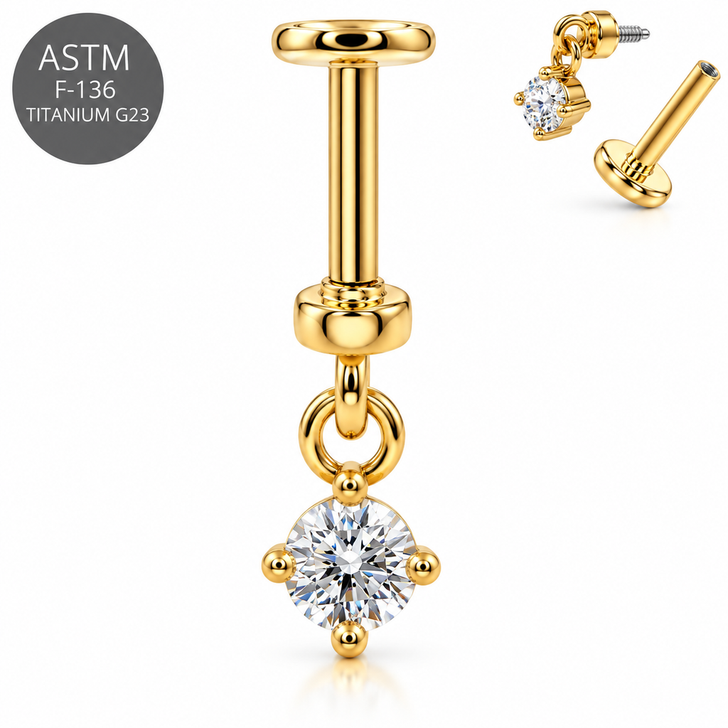 316L Surgical Steel Round CZ Dangle Internal Thread Flat Back Labret – 16G(1.2mm)