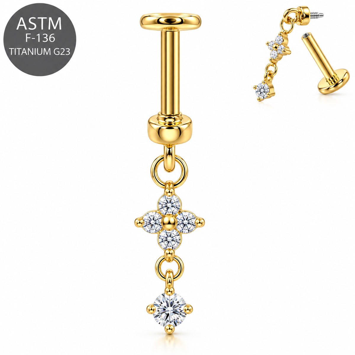 316L Surgical Steel Four-Petal Flower Dangle Internal Thread Flat Back Labret – 16G(1.2mm)