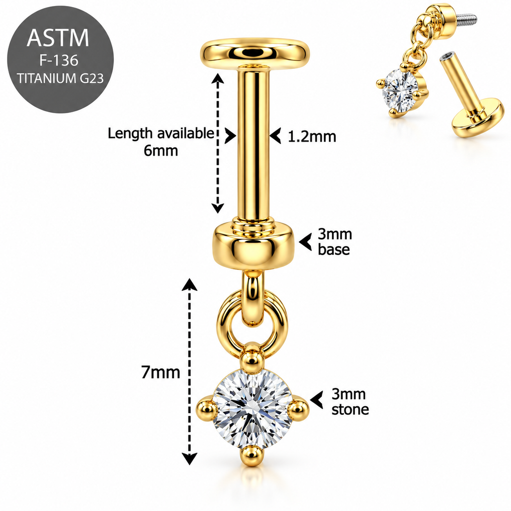 316L Surgical Steel Round CZ Dangle Internal Thread Flat Back Labret – 16G(1.2mm)