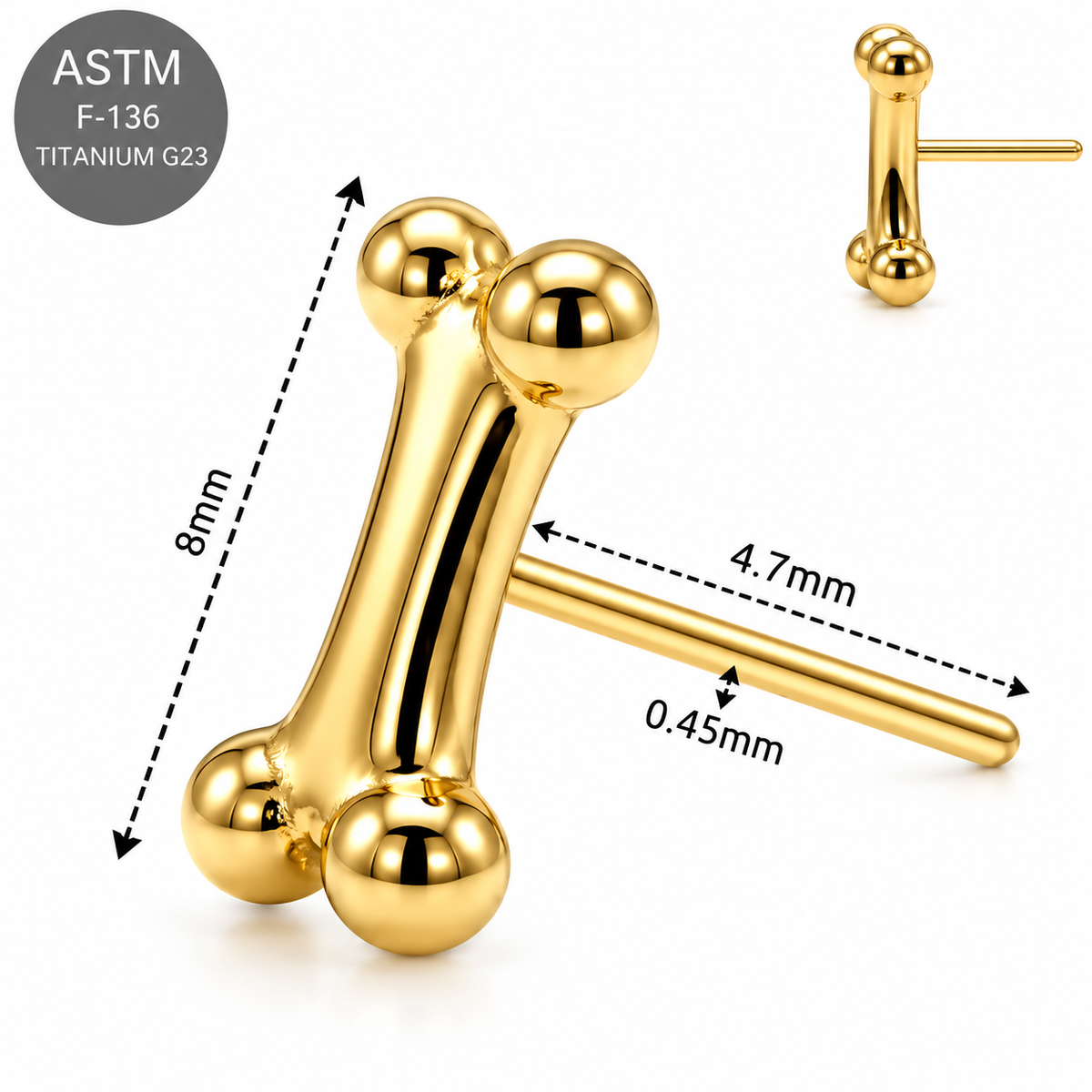 ASTM F-136 Titanium Mini Bone Bar Threadless Top – Universal 18G/16G Fit