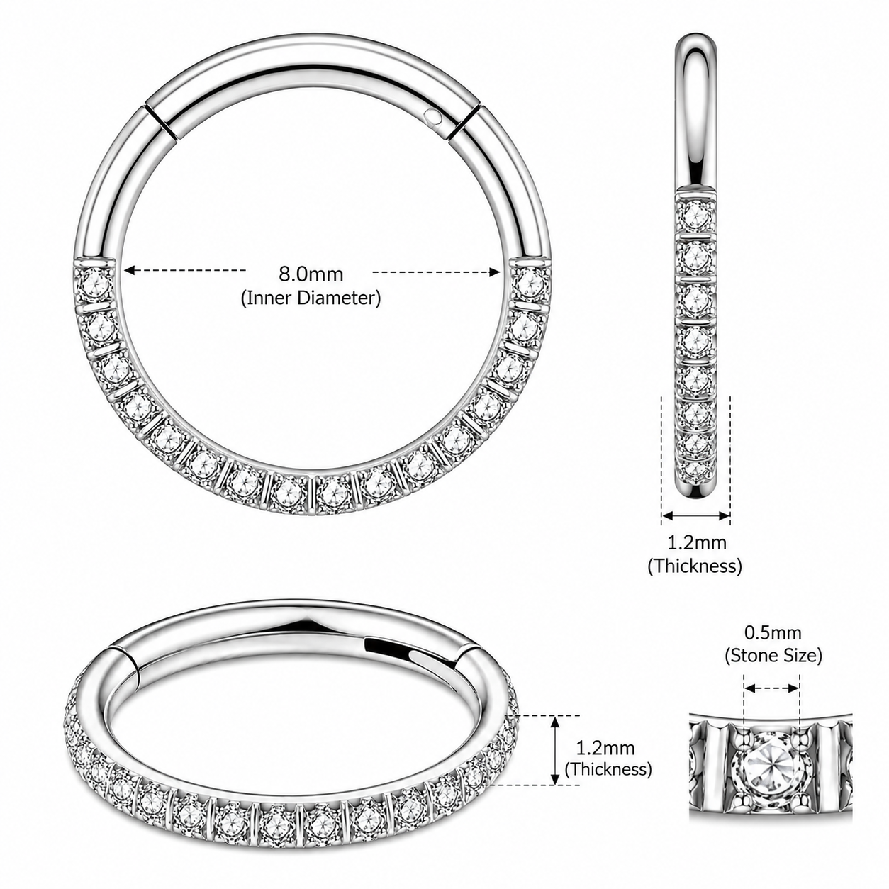 316L Surgical Steel CZ Hinged Segment Clicker Ring – 16G