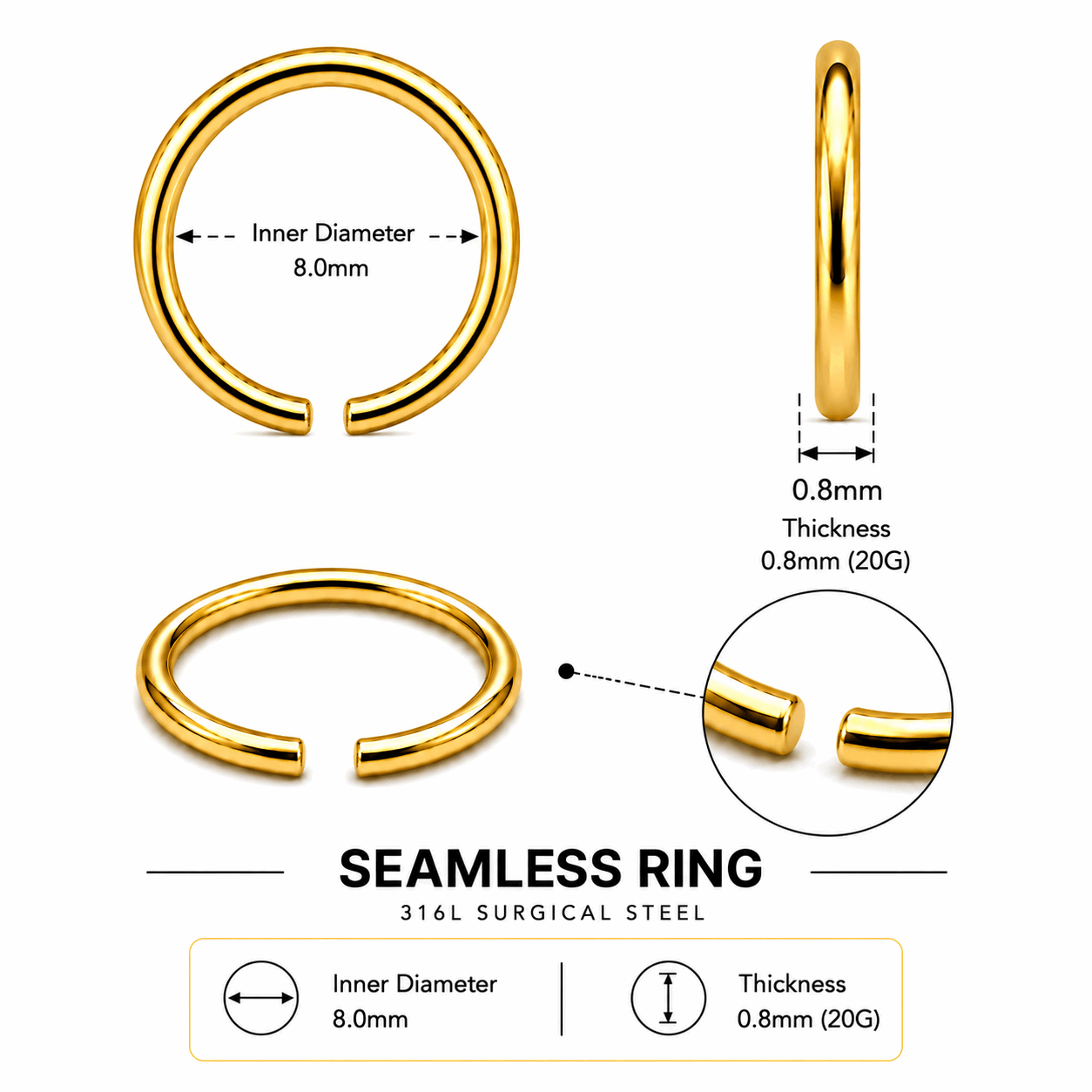 316L Surgical Steel Gold PVD Seamless Nose Ring – 0.6mm to 1.2mm