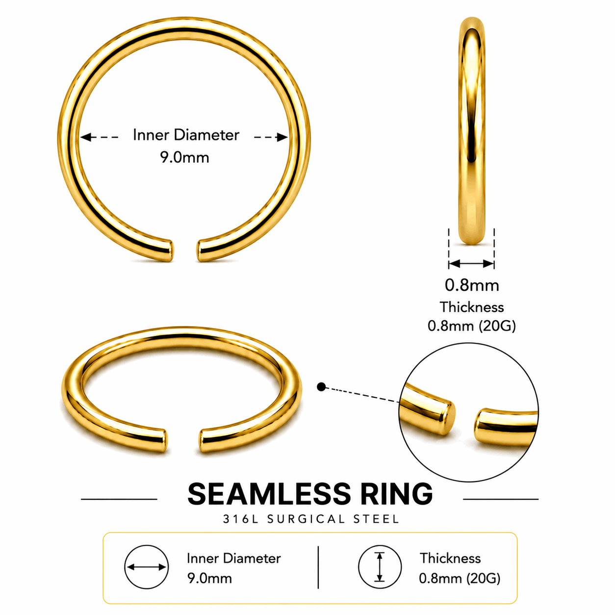 316L Surgical Steel Gold PVD Seamless Nose Ring – 0.6mm to 1.2mm