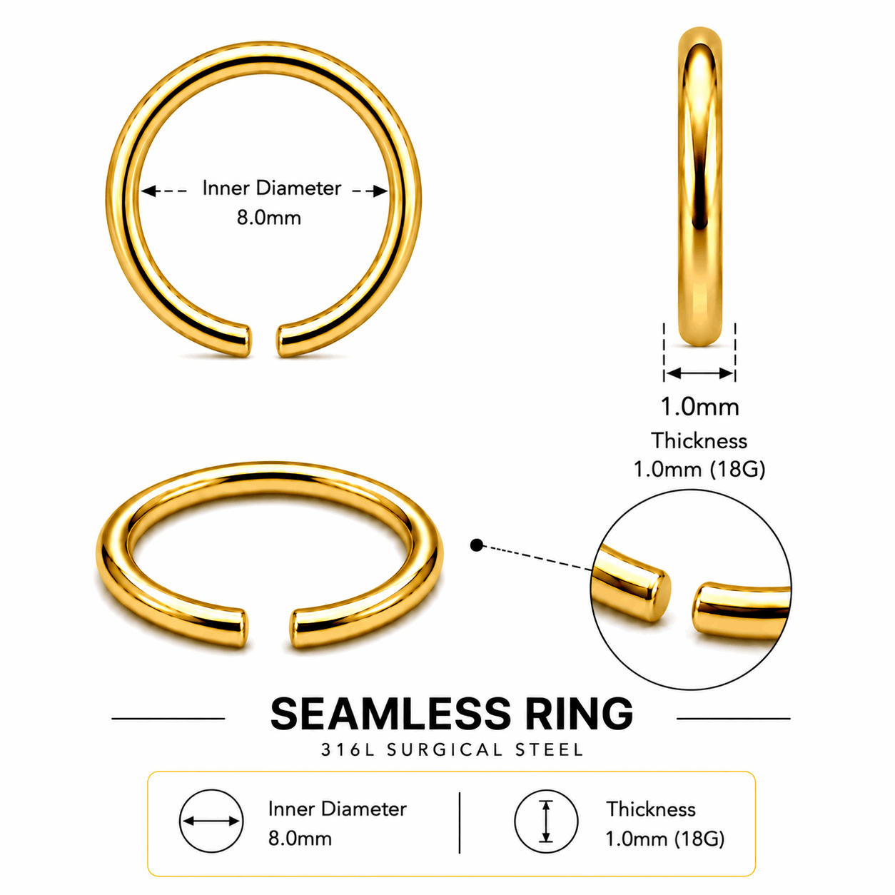 316L Surgical Steel Gold PVD Seamless Nose Ring – 0.6mm to 1.2mm